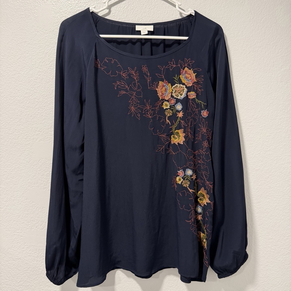 J Jill Size-M Blouse Embroidered Floral Navy Long Sleeve Boho Peasant - Picture 2 of 14